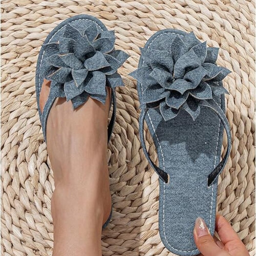 Denim Flower Flat Sandals